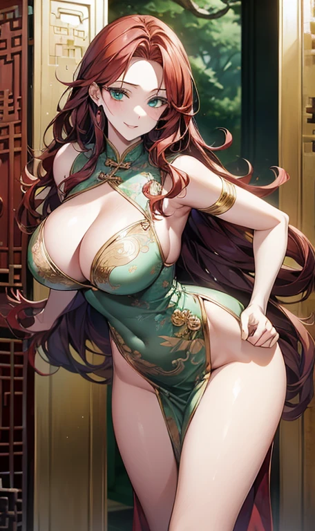 (art: 1.2), (best quality: 1.2) 1 woman, mature, tall (1.85 cm), appeared to be around 1, had long red hair, straight and shiny hair, tied in a style Chinese taotist, green eyes like a green sapphire, extremely detailed eyes, perfect eyes, extremely realistic eyes, well-aligned eyes, long eyelashes, anime style, perfect face, mature face, full lips, smiling, mature, fair skin, natural body , SEXY BODY, mature body, perfect hands, detailed hands, hands well proportioned to the body, realistic hands, arms with good anatomy, she only wore a white Chinese style dress decorated in gold and silver that still couldn't hide her extremely large breasts and huge ones that were hanging due to their size, thick thighs, wide hips, looking at the viewer, background scene, scene of a hall of a Chinese-style pavilion, posing alone Looking at the viewer