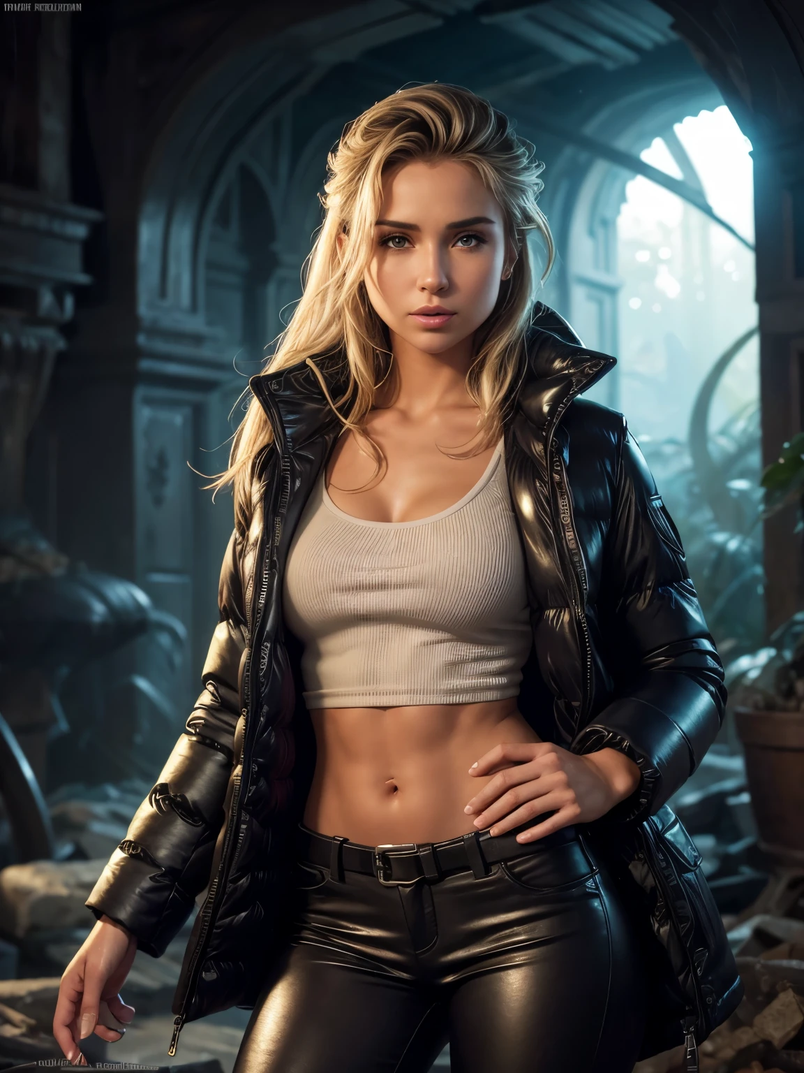 photorealism, lean fit body, a young woman, (face of 21yo Hayden Panettiere:0.8), (realistic:1.2), (ultrahigh detail:1.2), (romantic soft lighting:1.2), puffer down jacket & pants, leather, beautiful realistic eyeantastic face, beautiful look, Michael Garmash, Daniel F Gerhartz, Storybook style, warm dreamy lighting, white background, volumetric lighting, pulp adventure style, fluid acrylic, dynamic gradients, vivid color, illustration, highly detailed vector curves, , smooth and clean, vector art, smooth, Johan Grenier, character design, 3d shading, cinematic, ornate patterns, elegant organic framing, hyperrealism, posterized, collection of masterpieces, lush vivid colors, twilight, wet gouache,