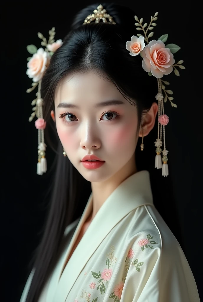 A full body of a young Chinese woman with a pale complexion, smooth and flawless skin, and strikingly large eyes with delicate makeup, including soft pink lips. She has long, straight, black hair adorned with delicate floral hairpins and tassels, featuring a mix of soft pink and white flowers. The woman's expression is slightly serious yet elegant, with a gentle and serene look. She wears a traditional, light-colored robe with subtle floral patterns. The background is a solid black, which contrasts with her light skin and adds depth to the image. The lighting is soft and focused on her face, highlighting her features and giving a slight glow to her hair. The composition centers her face, creating a balanced and harmonious image.