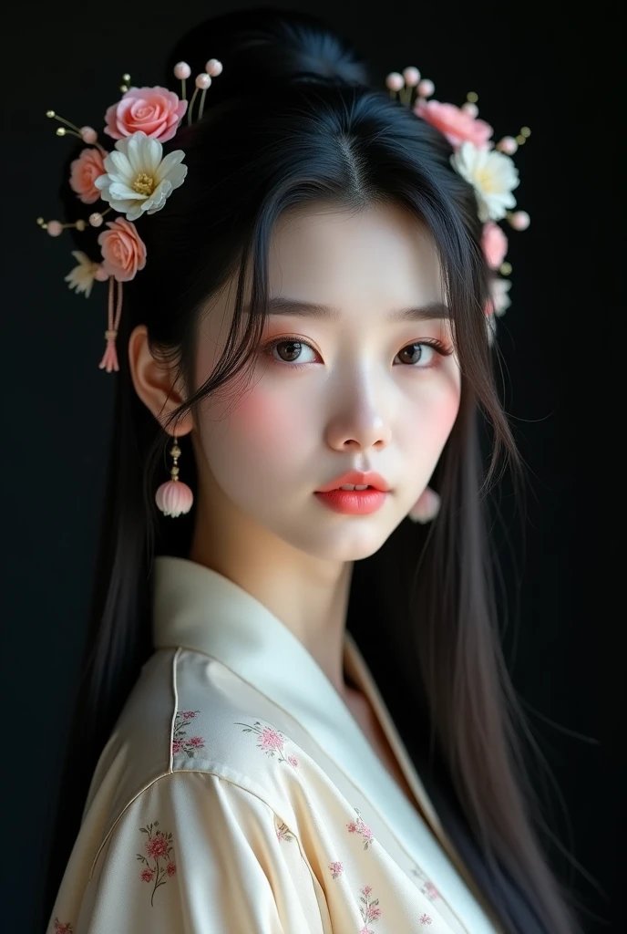 A full body of a young Chinese woman with a pale complexion, smooth and flawless skin, and strikingly large eyes with delicate makeup, including soft pink lips. She has long, straight, black hair adorned with delicate floral hairpins and tassels, featuring a mix of soft pink and white flowers. The woman's expression is slightly serious yet elegant, with a gentle and serene look. She wears a traditional, light-colored robe with subtle floral patterns. The background is a solid black, which contrasts with her light skin and adds depth to the image. The lighting is soft and focused on her face, highlighting her features and giving a slight glow to her hair. The composition centers her face, creating a balanced and harmonious image.