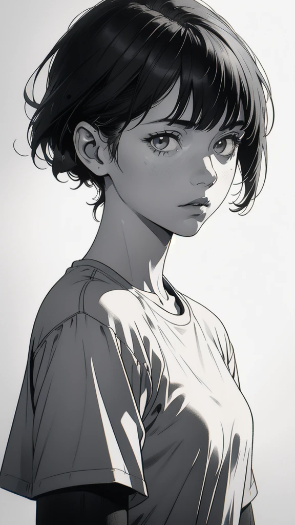 1 boyish girl, solo, sharp eyes, expressionless, monochrome, greyscale, short black hair, portrait, white T-shirt, closed mouth, looking at viewer, graphite \(medium\), detailed lips, hatching \(texture\), without makeup, bangs, upper body, (best illustration), (best quality), (very detailed), (masterpiece), expressionless,