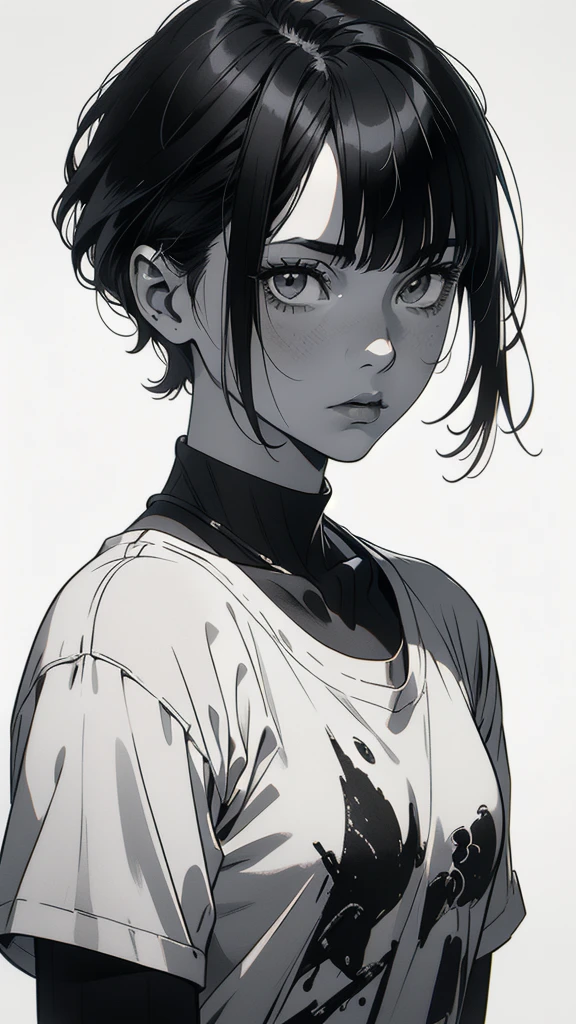 1 boyish girl, solo, sharp eyes, expressionless, monochrome, greyscale, short black hair, portrait, white T-shirt, closed mouth, looking at viewer, graphite \(medium\), detailed lips, hatching \(texture\), without makeup, bangs, upper body, (best illustration), (best quality), (very detailed), (masterpiece), expressionless,