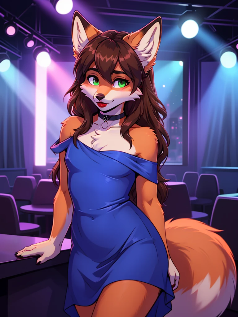 Best quality, furry male fox with green eyes, with brown long hair, with black spout, with red lipstick on lips, big lips, in a blue dress, crossdressing, shy, choker on the neck, off-the-shoulder dress, flirts, sexy pose, portrait, against the backdrop of an empty nightclub