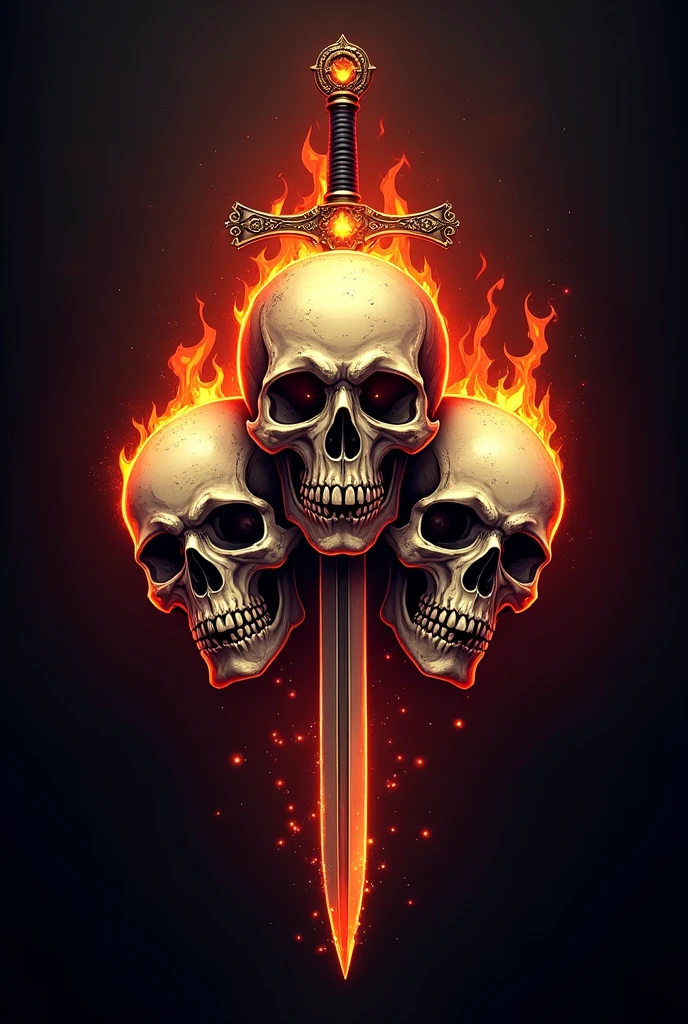 a logo icon of three skulls with eternal flames of passion with sword of dignity in seven deadly sins