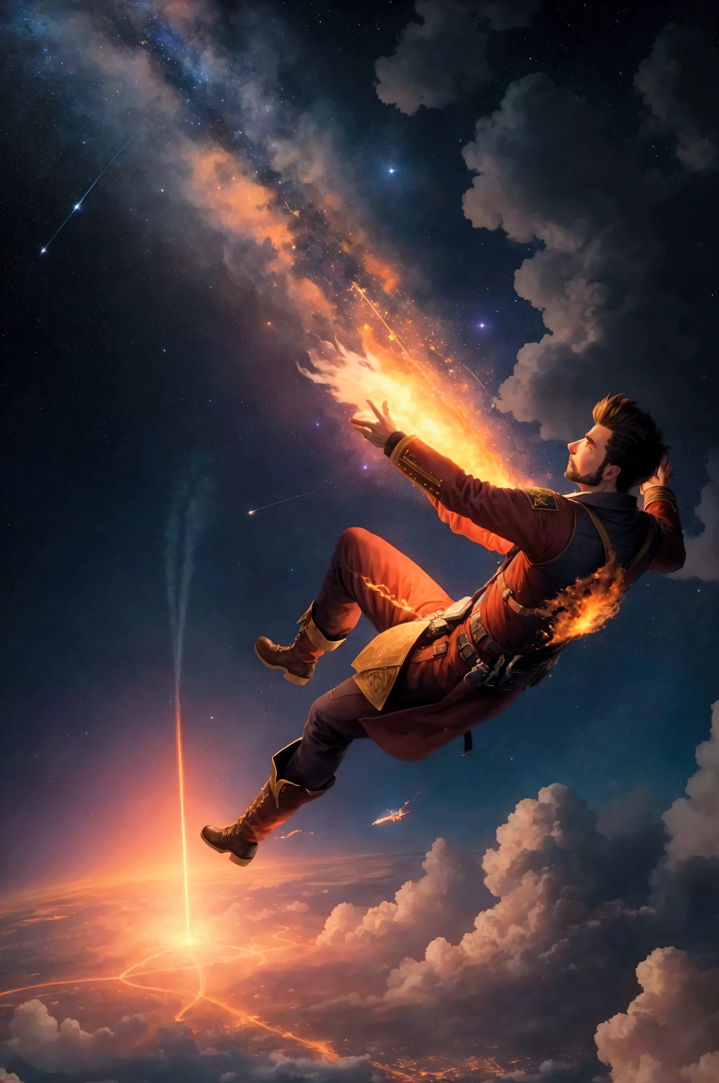 A big city, a man flying leaving a trail of fire with the sky full of stars
