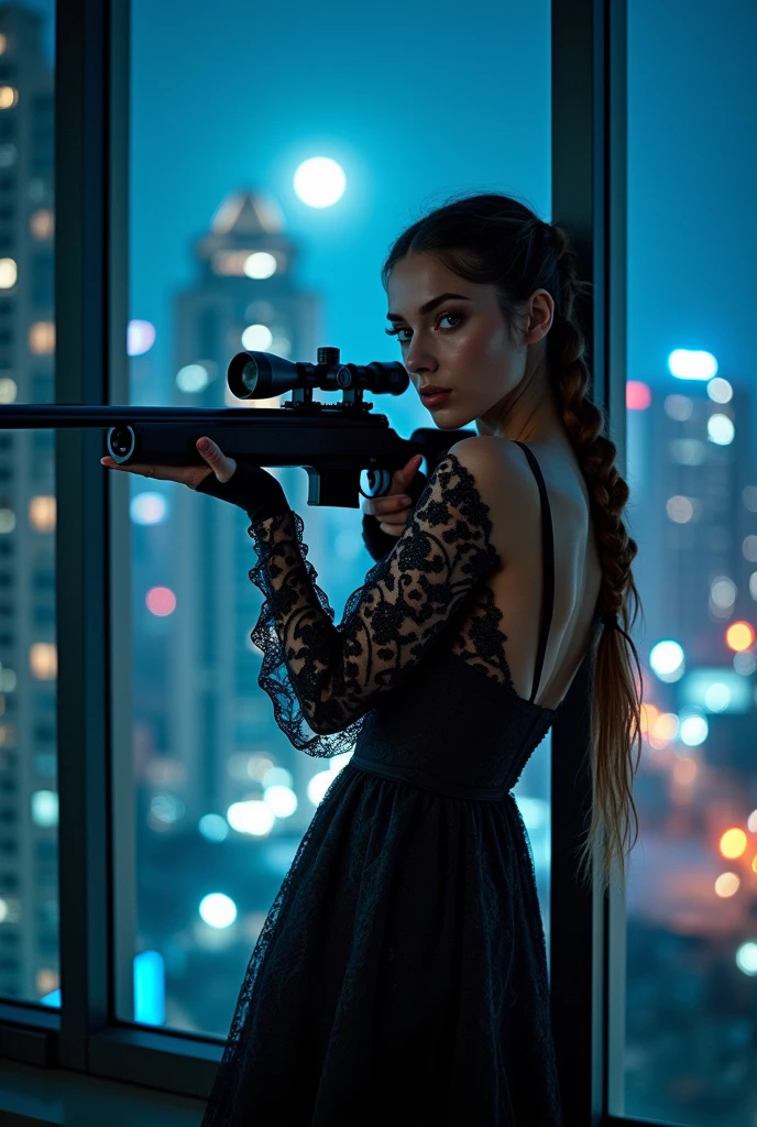 a portrait photo of a single woman sniper, parado en una ventana apuntando con un sniper&#39;s rifle, A beautiful and exotic sniper, dynamic hair, Braided hair, full body shop, intense blue eyes, ultra detailed face, exhausting (intricate night dress: 1.5), ELEGANT DRESS, dynamic color, dynamic style, exhausting elegant stiletto heels , behind a window in a tall building at night, aiming a Light sniper&#39;s rifle , cyberpunk city background, It&#39;s night, moon rays, some clouds,  (full body shot: 1.1) , Vibrant, ultra high resolution, high contrast, (masterpiece:1.5), of the highest quality, better aesthetics), Better details, Best Quality, High resolution, ultra wide angle, 16k, [ultra detailed], masterpiece, Best Quality, (extremely detailed) sniper&#39;s rifle, night dress