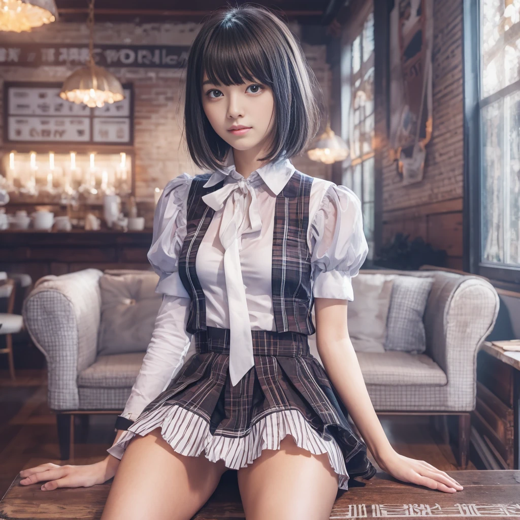 Tokyo Minato 10generation Beauty Thighs Showing armpits tie ribbon Pleated mini skirt Crossing legs Beautiful Show your chest Stylish cafe sofa Light gray blouse White collar Black Hair Cute clear short hair Photorealistic 8k Shiny Hair smile Cute room slim Light makeup Sit with your feet together Realistic photos Thin legs Underwear is visible Frills