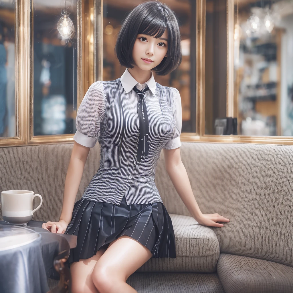 Tokyo Minato 10generation Beauty Thighs Showing armpits tie ribbon Pleated mini skirt Crossing legs Beautiful Show your chest Stylish cafe sofa Light gray blouse White collar Black Hair Cute clear short hair Photorealistic 8k Shiny Hair smile Cute room slim Light makeup Sit with your feet together Realistic photos Thin legs Underwear is visible Frills