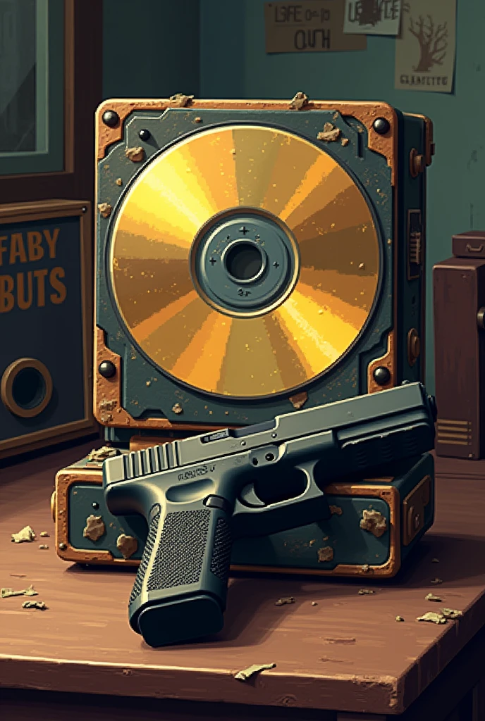 You can draw a golden CD on a brown CD holder that is worn by slight blows all drawn in pixel art style on a desk table along with a GLOCK 17