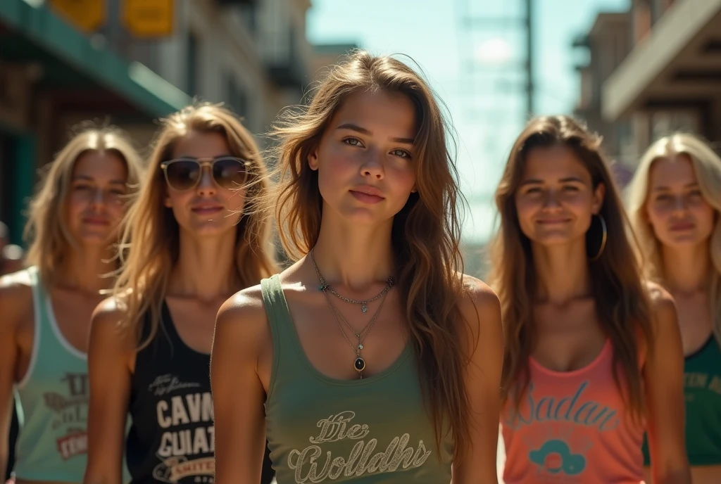 A movie-like photo of a teenage girl in skater fashion and her male and female friends. Everyone is wearing a tank top. 