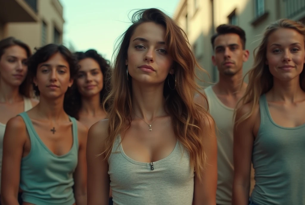 A movie-like photo of a age girl in skater fashion and her male and female friends. Everyone is wearing a tank top.