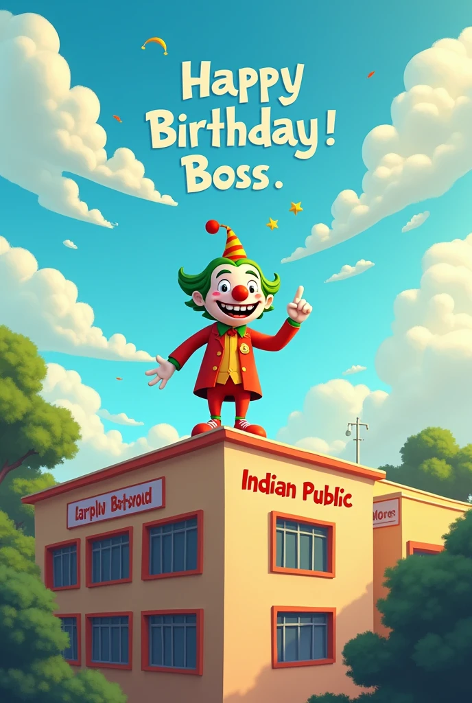 On school wall written indian public school and on terrace stand a cute joker and on sky written happy birthday boss 