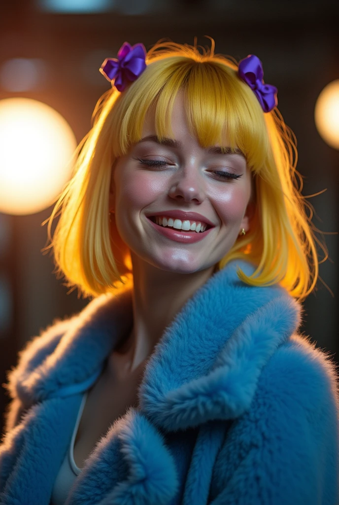 naughty sexy fashion girl, professional, portrait photography, the face looks straight ahead, studio light from above and backlight from behind the head, cute girl (Sharp Focus:1.3), there is a very nice smile on the face, very detailed, beautiful detailed face, yellow hair bob hairstyle, there are two small purple bows on her head, eyes closed, as if enjoying the sound, --Detailing, whole body, a lot of femininity, blue fur coat, Tempting, Dazzling, Black background, Backlight, installed behind the model, illuminates the back of the head and creates a frame around the head, highlighting the silhouette of the poser against the background
