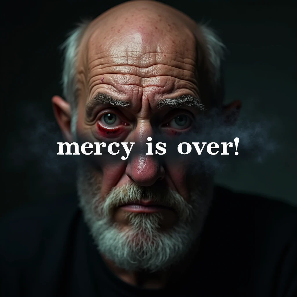 A photorealistic image captures the intense gaze of an elderly, bald man with a beard, whose eyes are filled with deep sadness and anger. His eyes are dark and piercing, slightly bloodshot with traces of recent tears still visible on his flushed, weathered cheeks. The expression on his face conveys a raw, powerful emotion, as if he is on the brink of breaking, yet holds a fierce resolve. Bright lights backlight the scene, highlighting the contours of his face and creating a stark contrast against the darker background.
Suspended in the air between his eyes and the viewer, a translucent, almost ghostly message reads exactly: "Mercy is over!" The text appears as if it's floating, blurred at the edges, with the letters formed from a faint mist or dark smoke that lingers in the space. The smoky words are readable, though not overly bright, hovering just in front of his gaze, creating a surreal yet powerful effect.
The lighting is soft and diffuse, casting subtle shadows that accentuate the lines of his face and the intensity of his expression. The background is dark and out of focus, ensuring that all attention remains on his face and the ominous message suspended before him. The overall tone of the image is haunting, with the ethereal text adding a layer of depth to the man's emotion, making the scene both unsettling and deeply evocative.