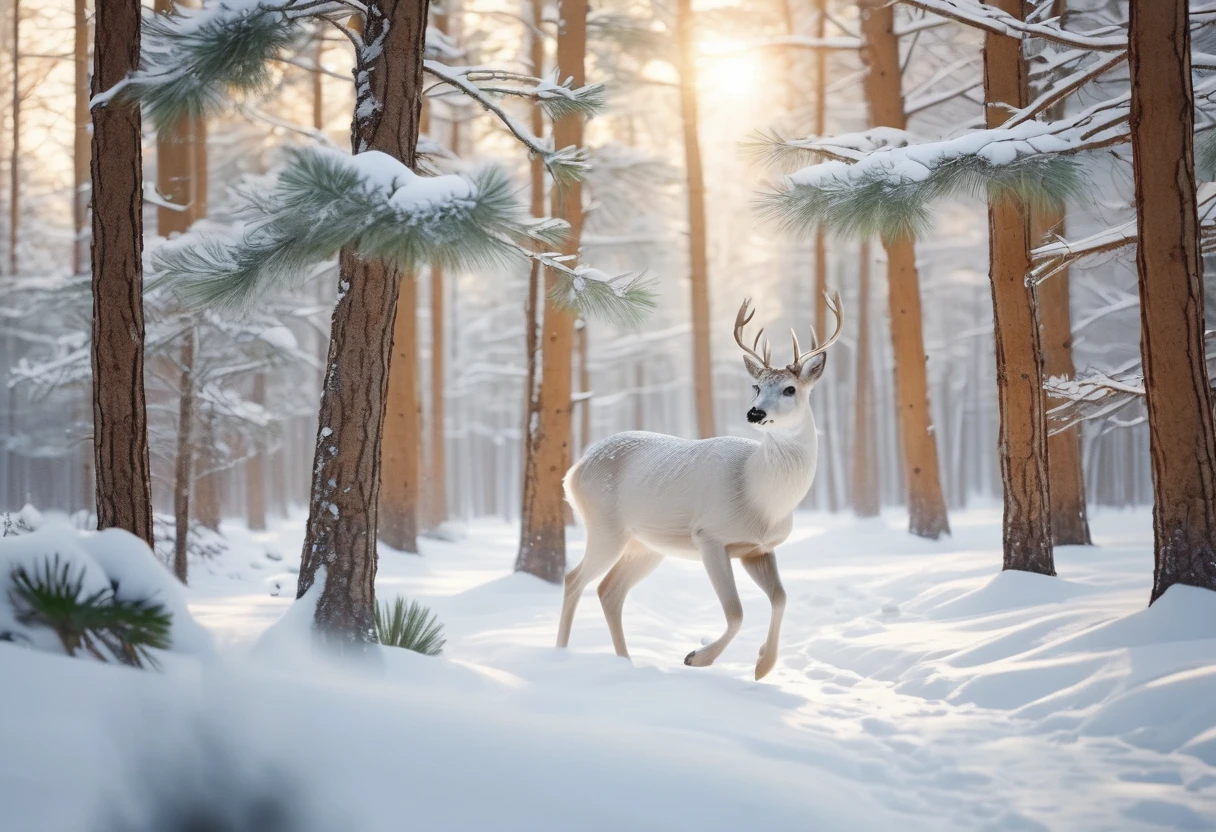 (best quality, 4K, 8K, high resolution, masterpiece: 1.2), Extremely detailed, (Practical, photoPractical, photoPractical: 1.37), A white deer is running in the snowy pine forest in winter