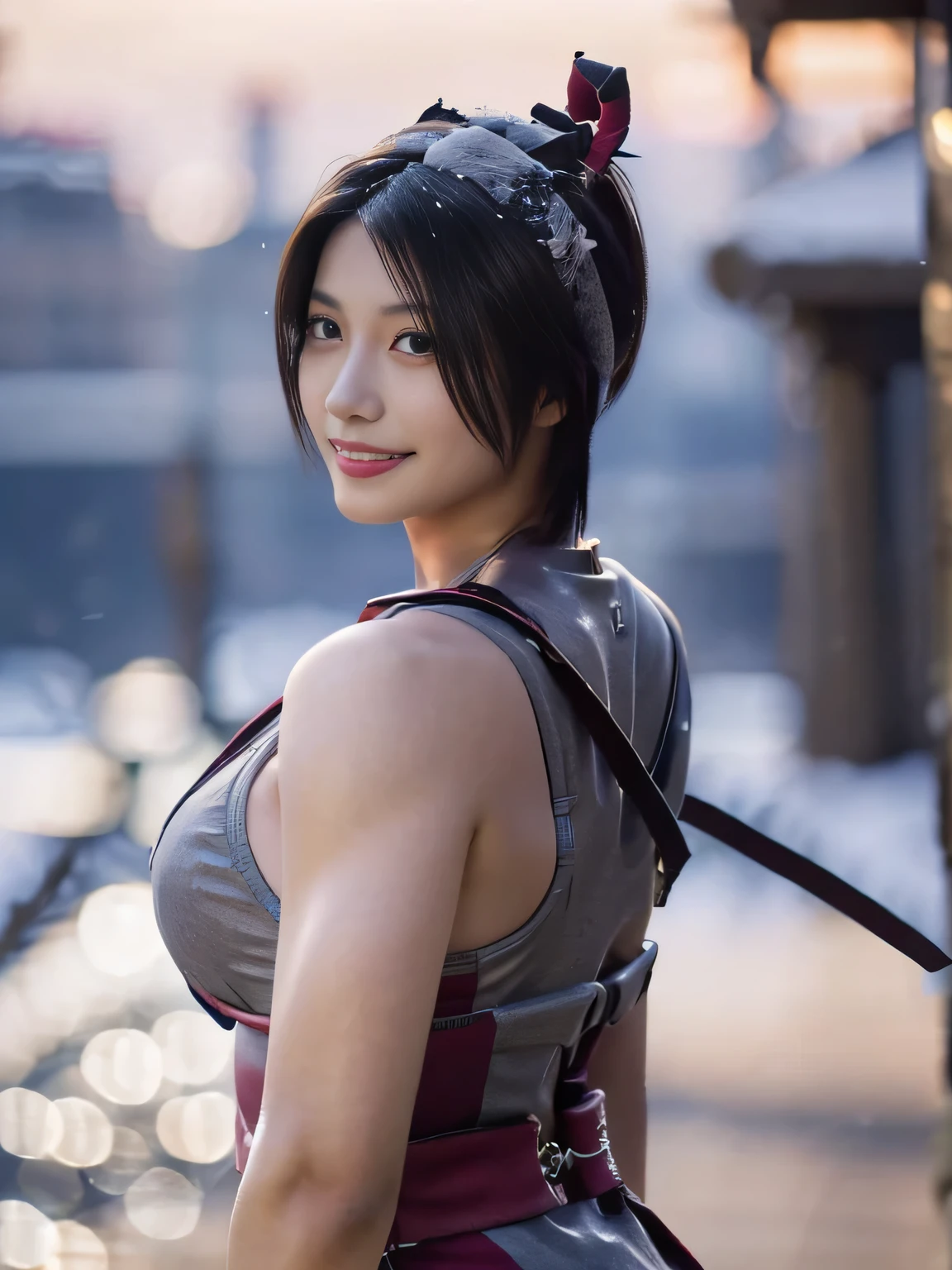 20 year old Japanese beauty，One woman、Muscular body like a bodybuilder、Emphasize the breasts、He wears a headband on his head、Slit eyes、A head-to-toe view，Bust is very very large、The background is a snowy country、High quality photos、Clear, crisp images of the lower body、Masterpiece 8k、Smiling、Is doing a high kick、From the front, from the side, from the back, etc.々from what camera angle to shoot、Light blue ninja costume