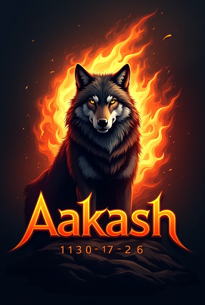 Aakash name logo with wolf and flame fire