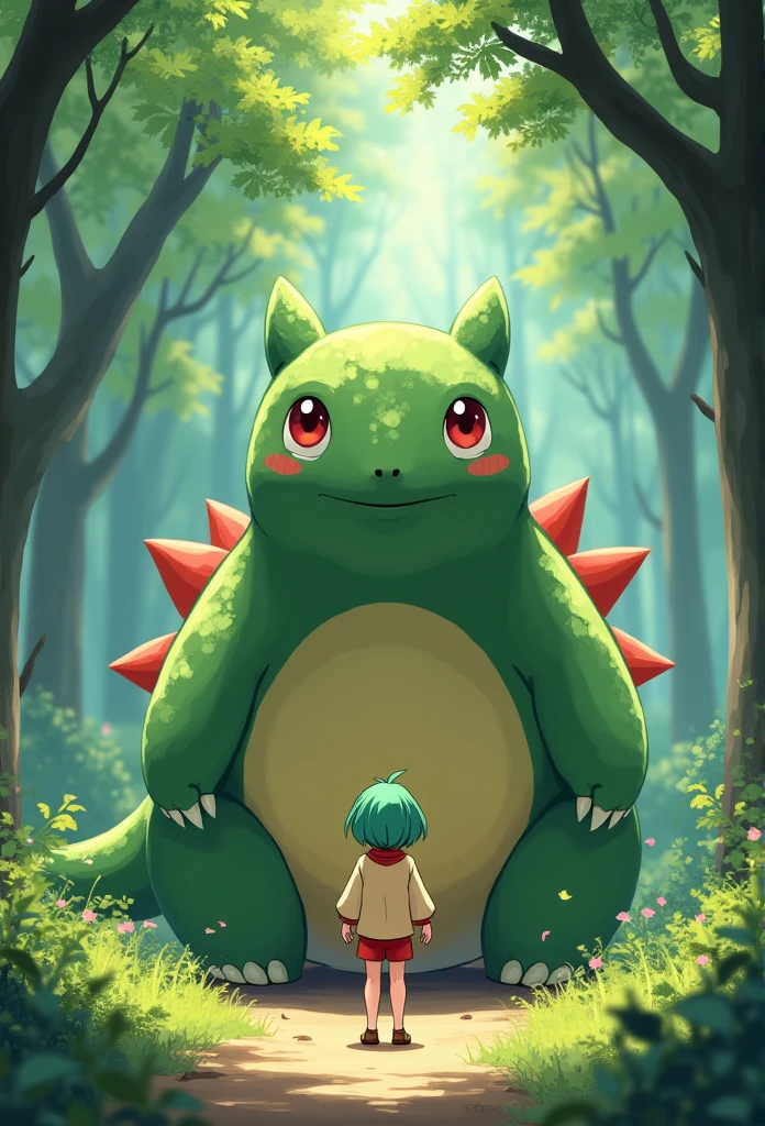 A Studio Ghibli style image featuring a young girl standing in front of a large, realistic Venusaur. The girl is designed in the style of a Ghibli character, with detailed, expressive features and a whimsical touch. She has short, green hair, wears a loose-fitting, beige shirt with a red collar, red shorts, and brown shoes. The background is a lush, enchanted forest with vibrant greenery and dappled sunlight filtering through the trees, creating a serene and magical atmosphere. The overall composition captures the essence of a mythical adventure in a tranquil, magical world, characteristic of Studio Ghibli's iconic style. --s 750 --niji 6