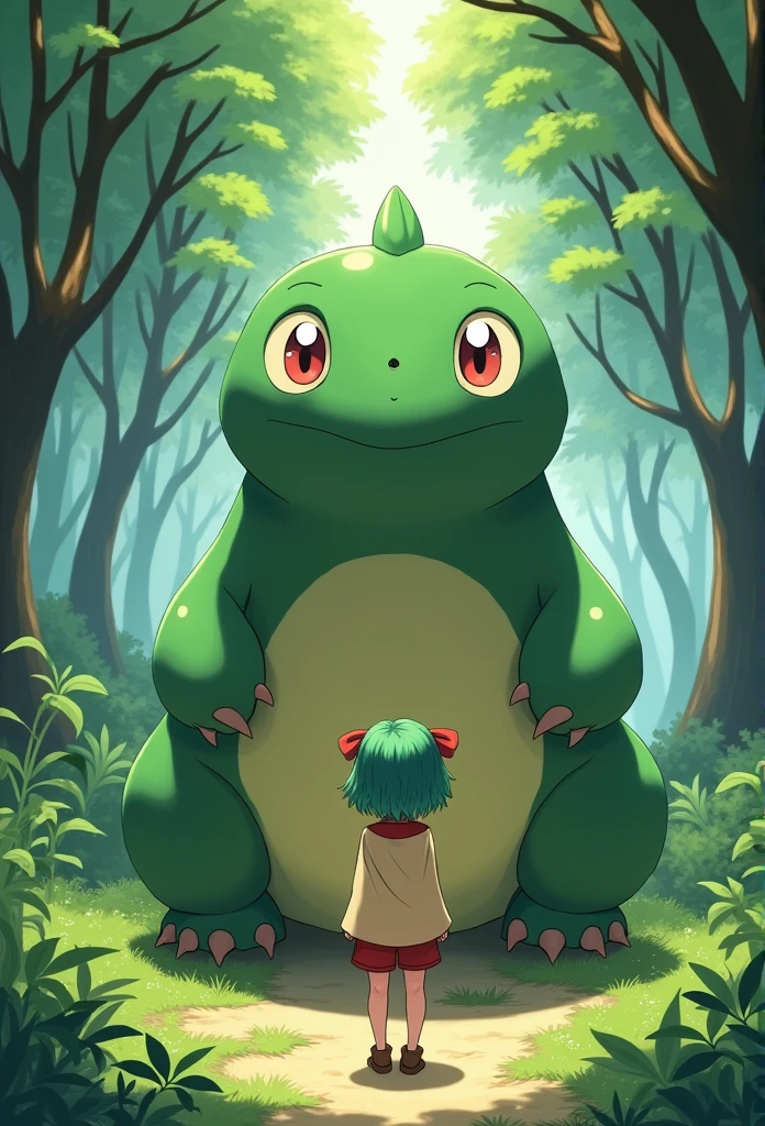 A Studio Ghibli style image featuring a young girl standing in front of a large, realistic Venusaur. The girl is designed in the style of a Ghibli character, with detailed, expressive features and a whimsical touch. She has short, green hair, wears a loose-fitting, beige shirt with a red collar, red shorts, and brown shoes. The background is a lush, enchanted forest with vibrant greenery and dappled sunlight filtering through the trees, creating a serene and magical atmosphere. The overall composition captures the essence of a mythical adventure in a tranquil, magical world, characteristic of Studio Ghibli's iconic style. --s 750 --niji 6