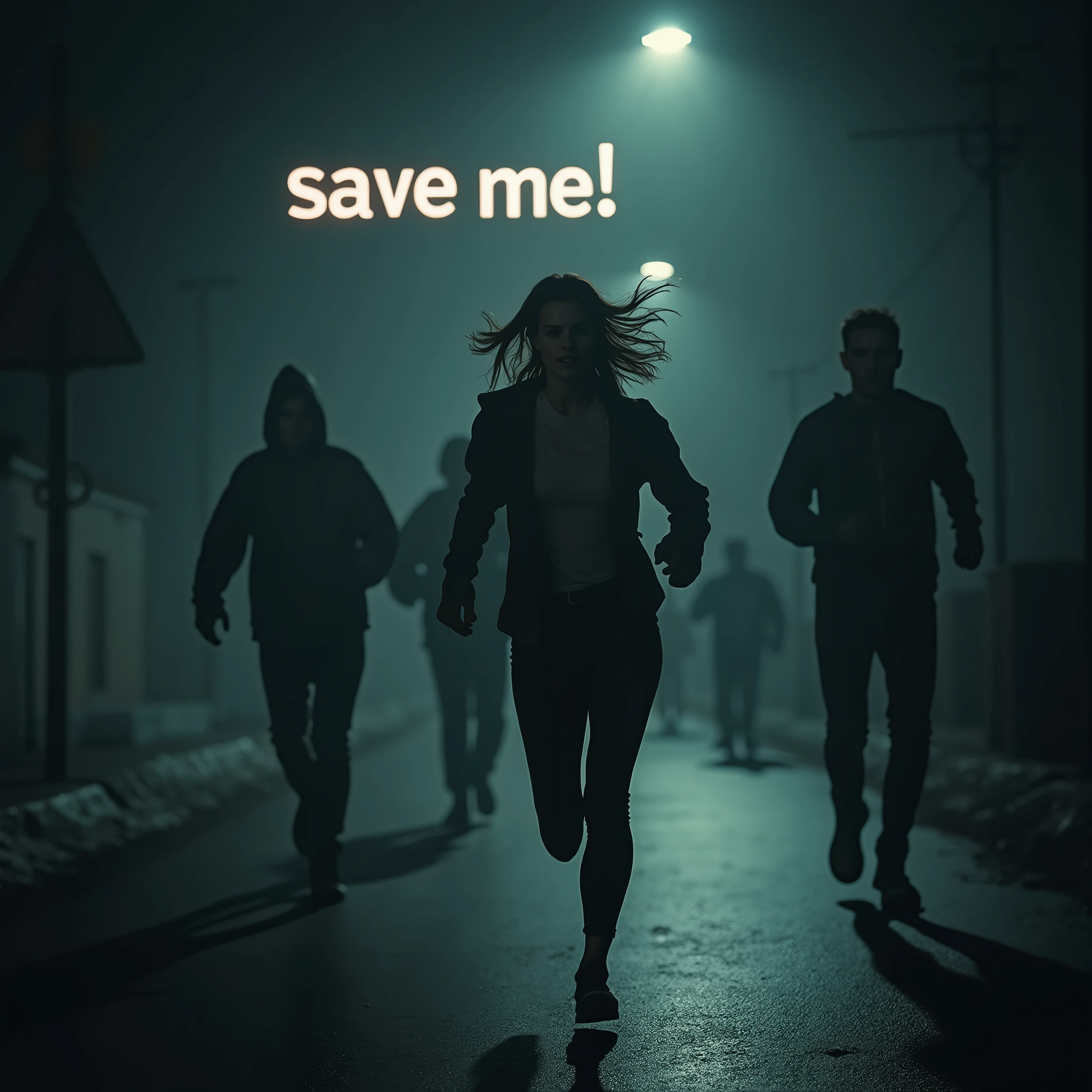 A dramatic night scene captures a young woman running frantically down a dimly lit street, illuminated only by the eerie glow of street lamps. Her face is a mix of fear and determination as she glances back at the shadowy figures of several men pursuing her with malicious intent. The scene is tense, with the darkness and long shadows creating a sense of danger. Floating in the air across the entire image, a large, semi-transparent text reads 'SAVE ME!', as if it's part of the atmosphere itself, adding an urgent, haunting plea to the already intense moment.