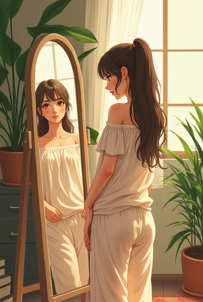 Watercolor art like studio ghibli, beautiful woman, in loose off-shoulder top, pajama pants, long hair, facing a mirror, soft lighting, plants in background, window with sunlight, cozy room, relaxed pose, realistic, intricate details, warm colors,