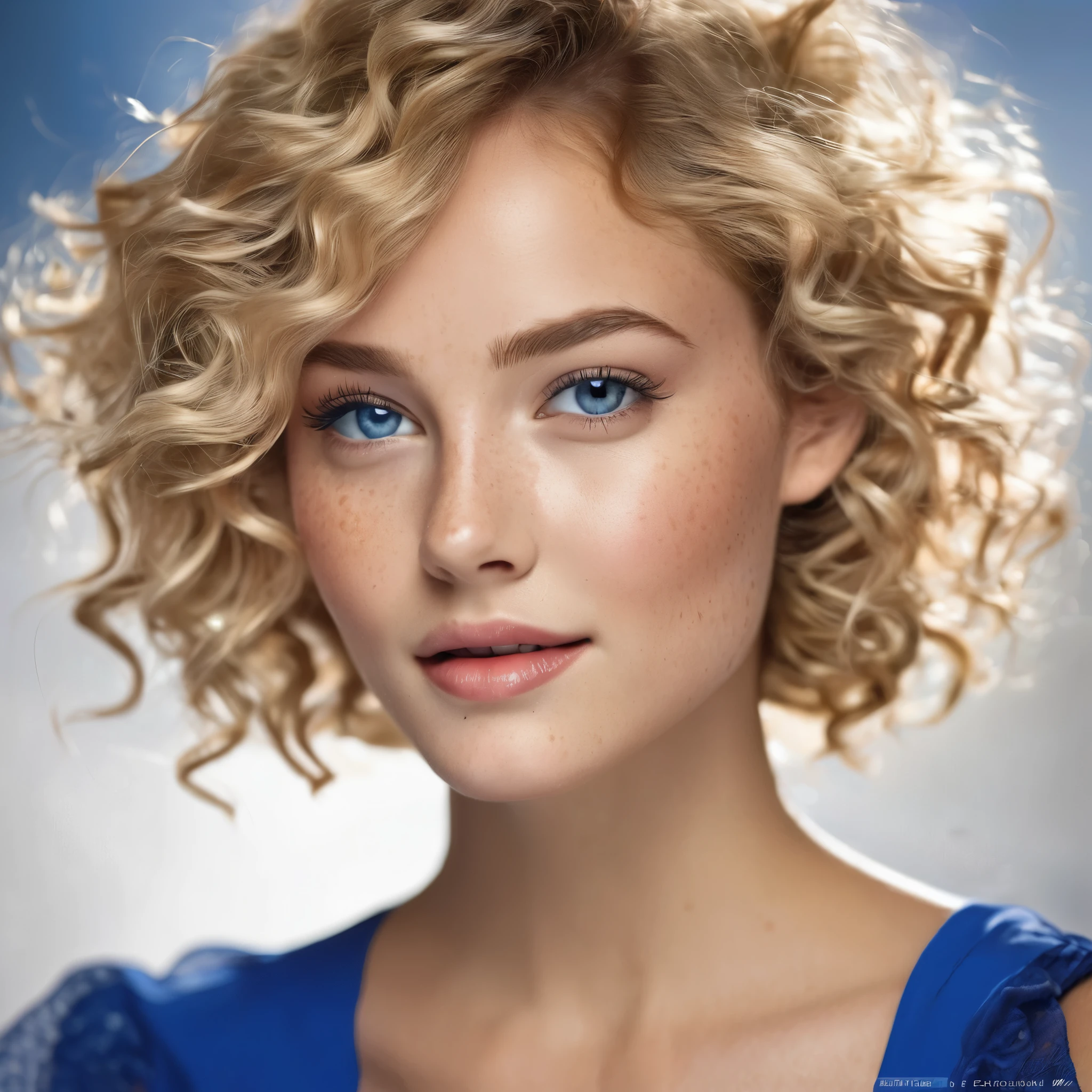 Pretty girl, elegant outfits, youthful emanations, bold compositions, blonde hair, short curly hair, rosy cheeks, blue eyes, freckles on cheeks, full color, top quality images.