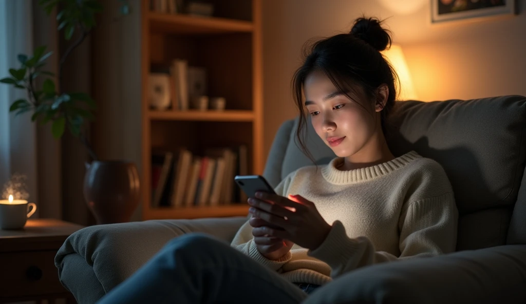 Woman at home looking at her mobile phone