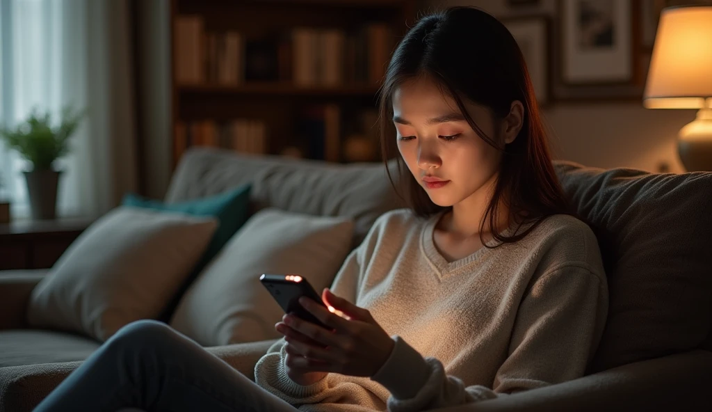  Woman at home looking at her mobile phone