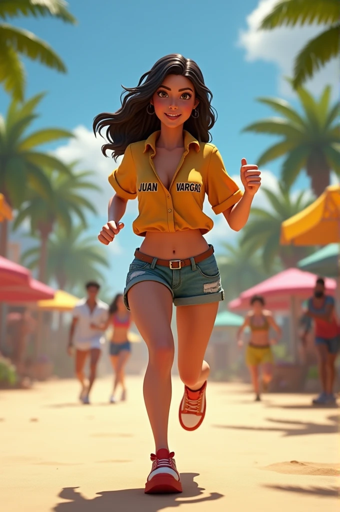 Create video in 3d format, Freefire game of girl Kelly running in Bermuda shorts and  and on her blouse she has a name "Juan Vargas" and its texture is noticeable 