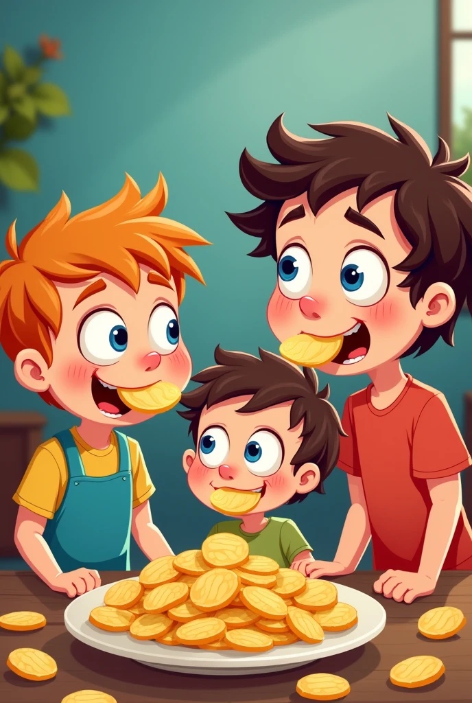 cartoon kids obbesse eating chips
