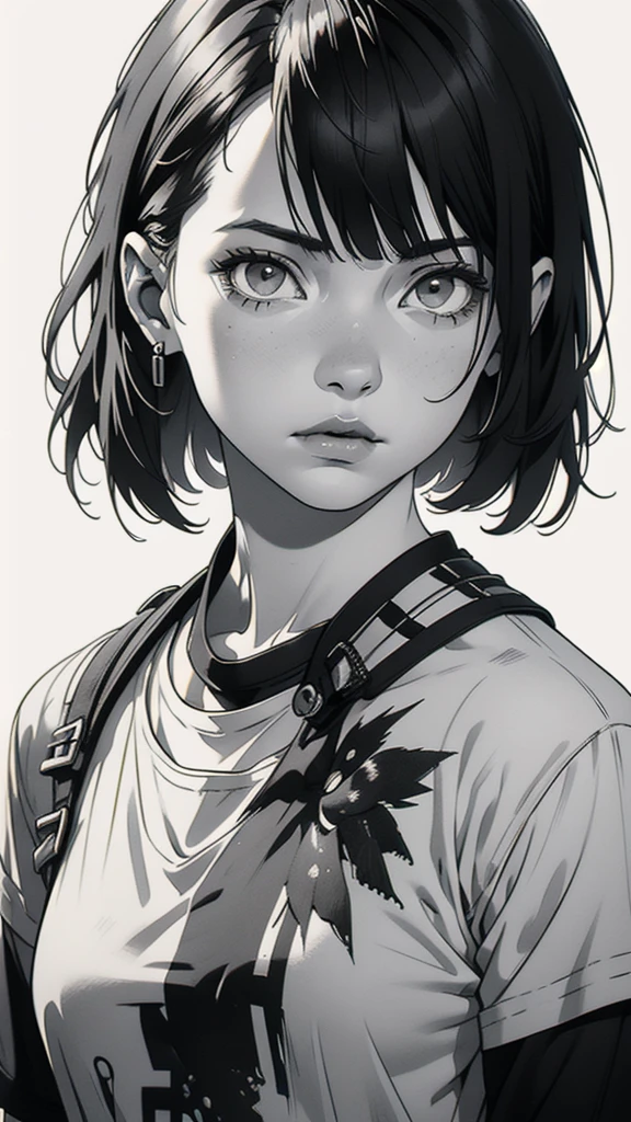 1 boyish girl, solo, sharp eyes, expressionless, monochrome, greyscale, short black hair, portrait, white T-shirt, closed mouth, looking at viewer, graphite \(medium\), detailed lips, hatching \(texture\), without makeup, bangs, upper body, (best illustration), (best quality), (very detailed), (masterpiece), expressionless,