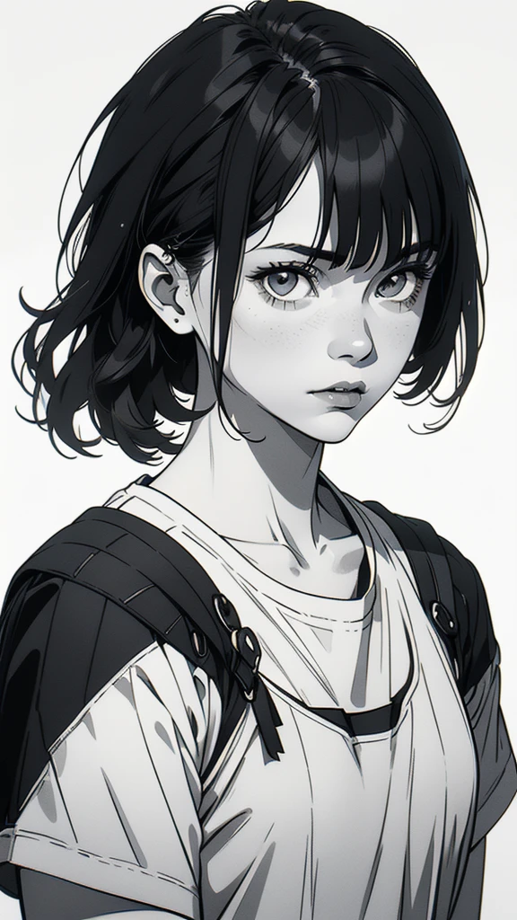 1 boyish girl, solo, sharp eyes, expressionless, monochrome, greyscale, short black hair, portrait, white T-shirt, closed mouth, looking at viewer, graphite \(medium\), detailed lips, hatching \(texture\), without makeup, bangs, upper body, (best illustration), (best quality), (very detailed), (masterpiece), expressionless,