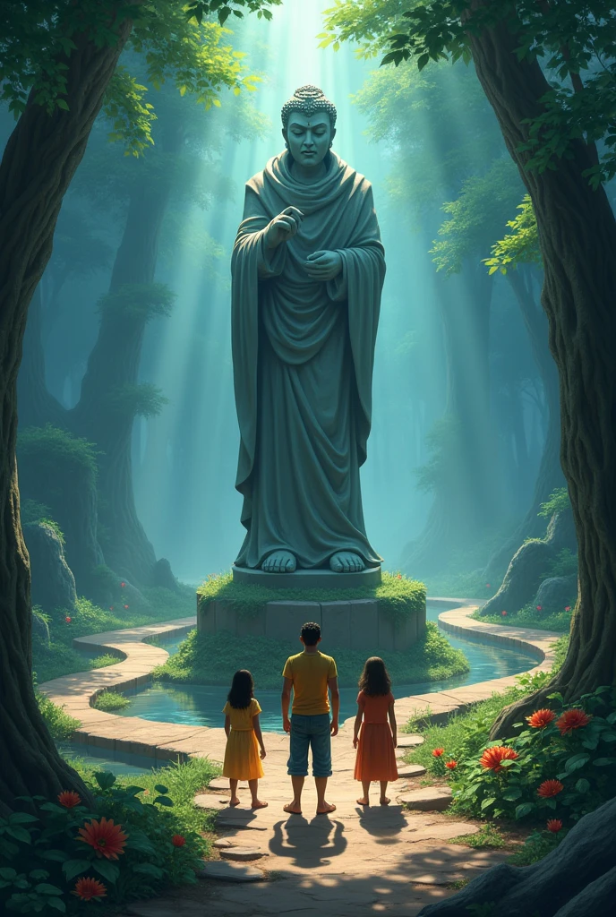 The Three Paths
Visual Prompt: The statue points to three separate paths illuminated by a mysterious light. Each path is unique: one looks treacherous with thorny vines, another is soft and inviting with flowers, and the third path is shrouded in mist. Munna, Bunty, and Champu look at each other, preparing to choose their paths based on their unique qualities