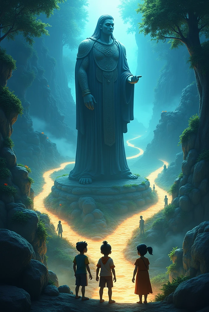 The Three Paths
Visual Prompt: The statue points to three separate paths illuminated by a mysterious light. Each path is unique: one looks treacherous with thorny vines, another is soft and inviting with flowers, and the third path is shrouded in mist. Munna, Bunty, and Champu look at each other, preparing to choose their paths based on their unique qualities