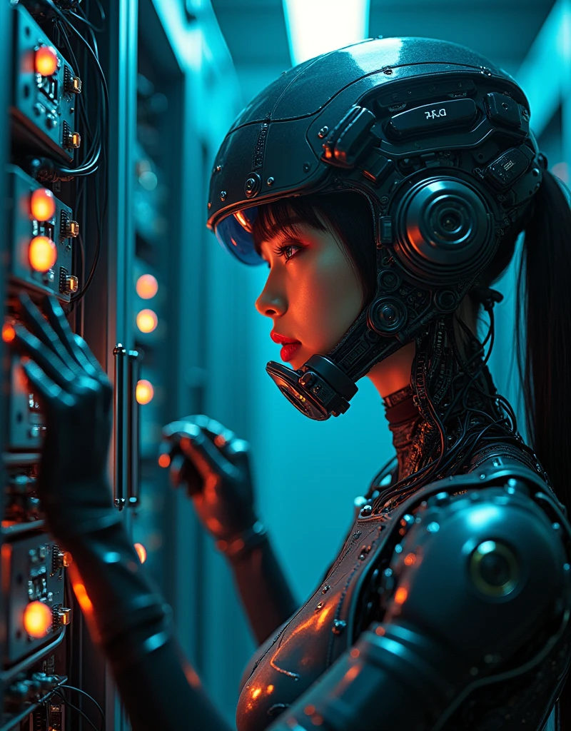 photo-realistic, dramatic scene, cinematic scene, masterpiece, (extremely beautiful Japanese boyish girl but cyborg), network server engineer but cyborg, (face focus:1.5), (dynamic angle:1), repairing servers at cyber punk server room, a huge amount of cables are connected to her mechanical body, complex server cables, professional light, spot light, (extremely intricated with extremely complex cyber punk mecha armored full-face gas mask:1.3), (wearing a form fitting cyber punk mecha armored mecha-suits with bright cyber punk LED marker:1.5),