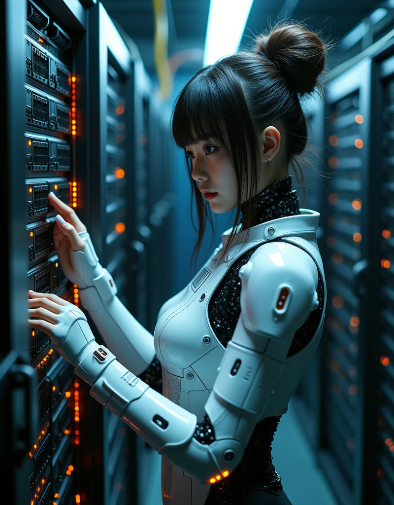 photo-realistic, dramatic scene, cinematic scene, masterpiece, (extremely beautiful Japanese boyish girl but cyborg), network server engineer but cyborg, (face focus:1.5), (dynamic angle:1), repairing servers at cyber punk server room, a huge amount of cables are connected to her mechanical body, complex server cables, professional light, spot light, (extremely intricated with extremely complex cyber punk mecha armored full-face gas mask:1.3), (wearing a form fitting cyber punk mecha armored mecha-suits with bright cyber punk LED marker:1.5),