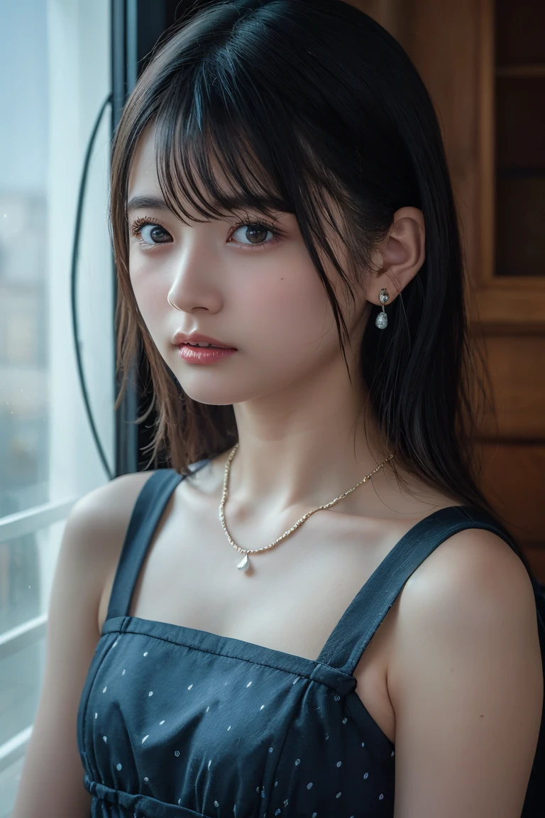 (Highest quality:1.4),(masterpiece:1.4),(Realistic:1.4),(Realistic:1.2),(超High resolution, RAW Photos:1.4),(High resolution, Ultra-detailed:1.2),(8k:1.2),View your viewers,Cinematic photography,One person,skeletally correct,Black-haired woman,Woman in her early 20s,(Small earrings,necklace,Dot pattern dress),(Western-style building interior,Dimly lit room,The lamplight shines on my cheeks)