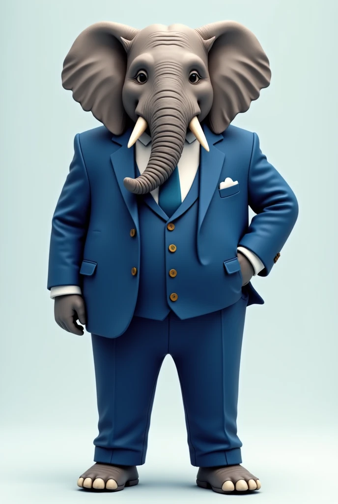 Create a realistic image of a relaxed elephant standing upright, wearing a stylish blue suit. The elephant should have a laid-back expression, with one tusk slightly visible and a confident, cool demeanor. The suit should be modern and well-fitted, possibly with an open collar or no tie to emphasize the casual vibe. The background should be simple, highlighting the elephant's cool and composed attitude