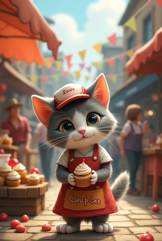 the grey white little cat in clothes selling cups cakes to the people in the market.