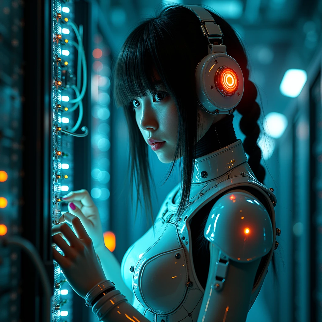 photo-realistic, dramatic scene, cinematic scene, masterpiece, (extremely beautiful Japanese boyish girl but cyborg), network server engineer but cyborg, (face focus:1.5), (dynamic angle:1), repairing servers at cyber punk server room, a huge amount of cables are connected to her mechanical body, complex server cables, professional light, spot light, (extremely intricated with extremely complex cyber punk mecha armored full-face gas mask:1.3), (wearing a form fitting cyber punk mecha armored mecha-suits with bright cyber punk LED marker:1.5),