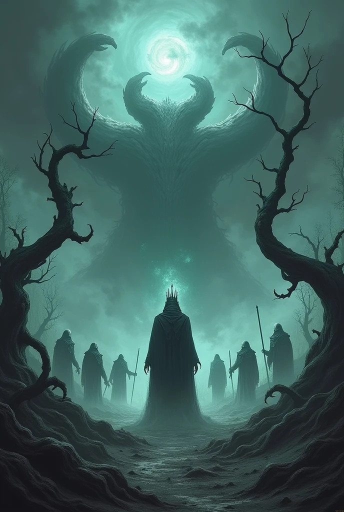 The Shadow Isles in their full, cursed form-a haunting landscape with twisted, barren trees, dark clouds, and spectral mist covering the ground. At the center stands Viego, surrounded by undead warriors and ghostly apparitions. The atmosphere is oppressive and eerie, with a sense of endless darkness and despair. The entire scene is shrouded in a pale, ghostly light, highlighting the ruin and desolation.