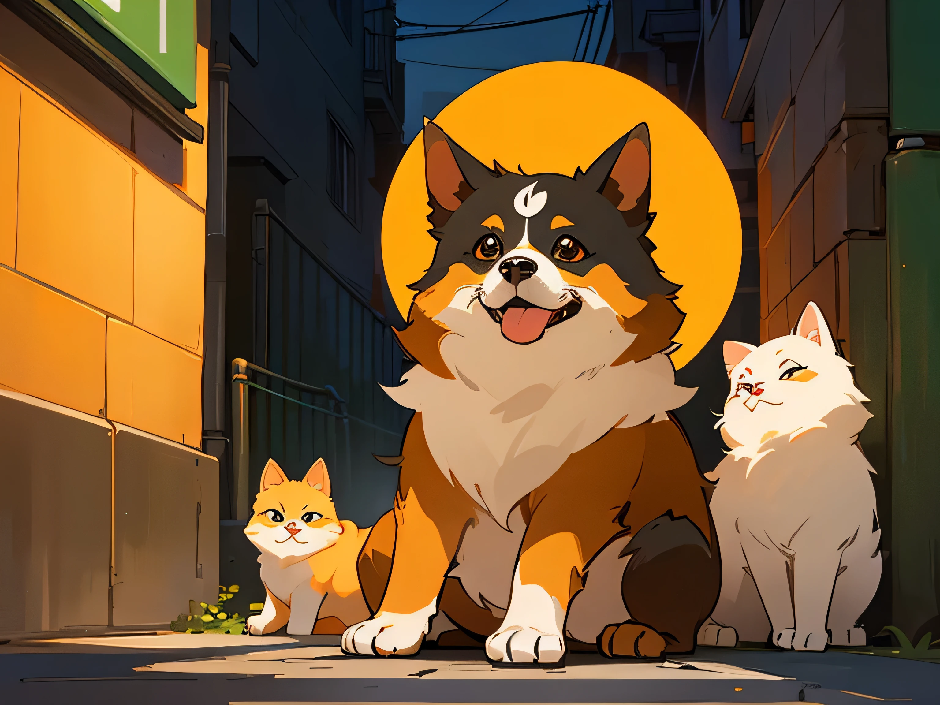 cute犬,orange,cute,Big eyes,masterpiece,full moon,alley　Cartoon style drawing of a dog sitting on a city sidewalk
