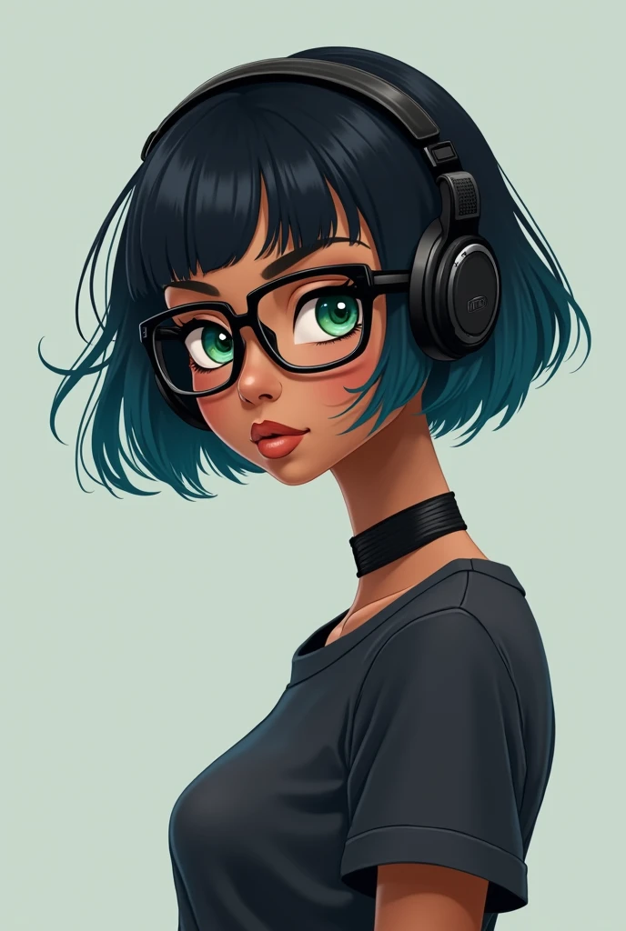 Slim and slender 1 girl with really dark skin
Realistc
with green eyes, short blue to black hair
Wearing glasses
With headphones, wearing geeky clothes