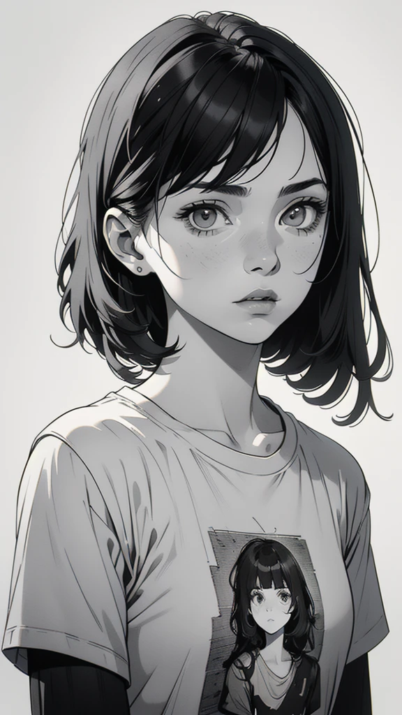 1 boyish girl, solo, sharp eyes, expressionless, monochrome, greyscale, short black hair, portrait, white T-shirt, closed mouth, looking at viewer, graphite \(medium\), detailed lips, hatching \(texture\), without makeup, bangs, upper body, (best illustration), (best quality), (very detailed), (masterpiece), expressionless,
