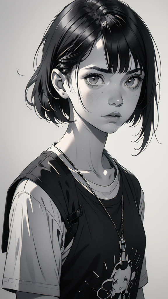 1 boyish girl, solo, sharp eyes, expressionless, monochrome, greyscale, short black hair, portrait, white T-shirt, closed mouth, looking at viewer, graphite \(medium\), detailed lips, hatching \(texture\), without makeup, bangs, upper body, (best illustration), (best quality), (very detailed), (masterpiece), expressionless,