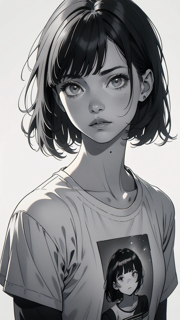 1 boyish girl, solo, sharp eyes, expressionless, monochrome, greyscale, short black hair, portrait, white T-shirt, closed mouth, looking at viewer, graphite \(medium\), detailed lips, hatching \(texture\), without makeup, bangs, upper body, (best illustration), (best quality), (very detailed), (masterpiece), expressionless,