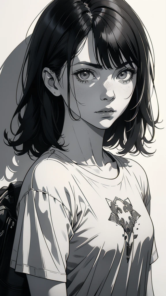 1 boyish girl, solo, sharp eyes, expressionless, monochrome, greyscale, short black hair, portrait, white T-shirt, closed mouth, looking at viewer, graphite \(medium\), detailed lips, hatching \(texture\), without makeup, bangs, upper body, (best illustration), (best quality), (very detailed), (masterpiece), expressionless,