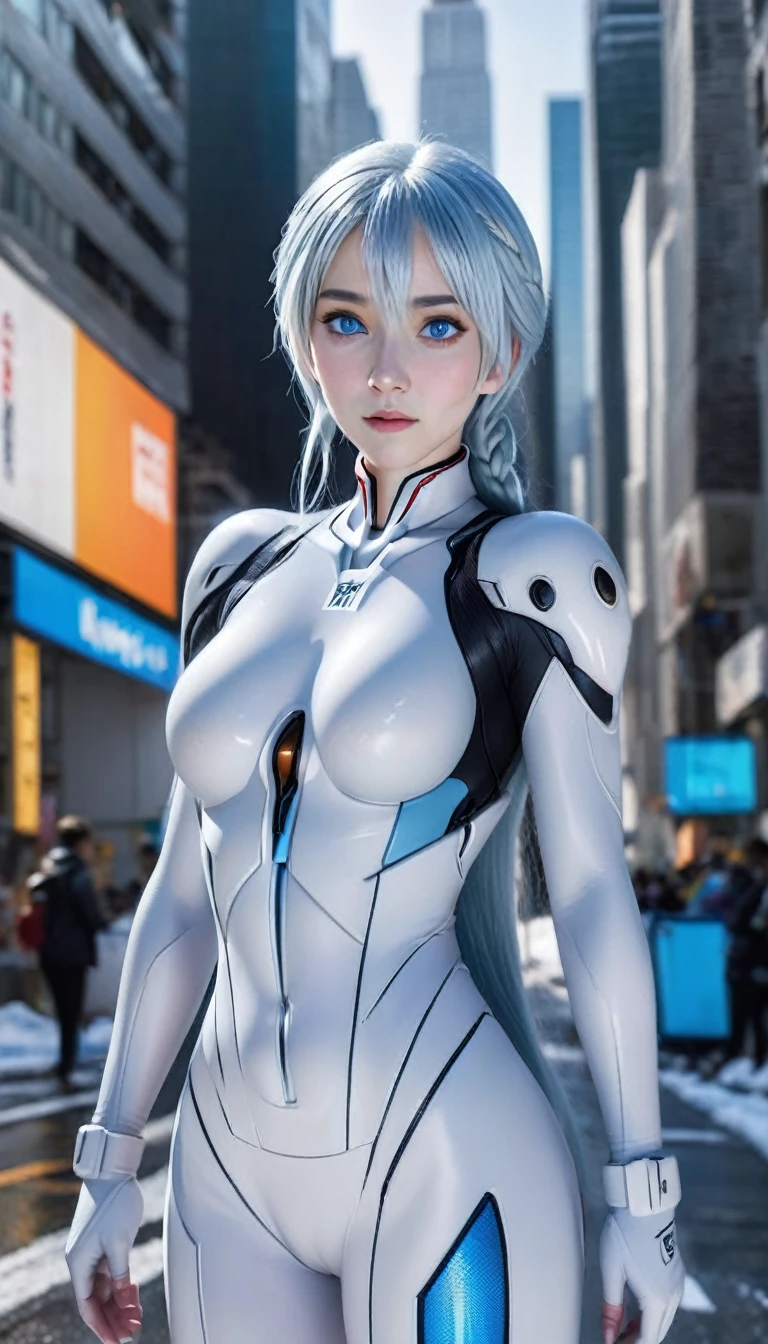 Elsa from "Frozen", wearing an evangelion plugsuit (pale blue:1.37), (erect nipples under suit:1.3),long platinum blonde hair in single braid, ice blue eyes, in various fighting poses, (wide angle shot:1.32), (full length portrait:1.27),snow covered NYC street, highly detailed, photorealistic, 8k, (best quality,4k,8k,highres,masterpiece:1.2),ultra-detailed,(realistic,photorealistic,photo-realistic:1.37),HDR,UHD,studio lighting,extremely detailed,vivid colors,dramatic colors, EVA_Rei, erect nipples, DeepNegative_xl_v1