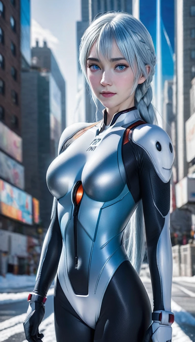 Elsa from "Frozen", wearing an evangelion plugsuit (pale blue:1.37), (erect nipples under suit:1.3),long platinum blonde hair in single braid, ice blue eyes, in various fighting poses, (wide angle shot:1.32), (full length portrait:1.27),snow covered NYC street, highly detailed, photorealistic, 8k, (best quality,4k,8k,highres,masterpiece:1.2),ultra-detailed,(realistic,photorealistic,photo-realistic:1.37),HDR,UHD,studio lighting,extremely detailed,vivid colors,dramatic colors, EVA_Rei, erect nipples, DeepNegative_xl_v1