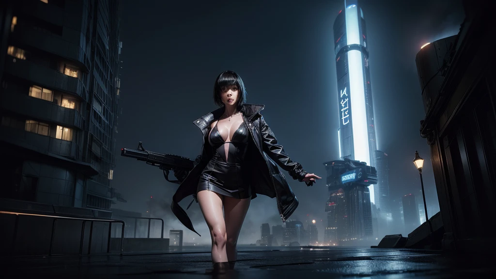 (Wide angle view). Blade Runner style futuristic city, simple outlined neon tall buildings, glowing giant clock tower, flying cars, lightning, 3D rendering Beeple. At night, (1girl, solo, alone), photorealistic, medium-breast slim:0.6 body, oval:0.5 face, cleavage:1.1, sexy black laced bra, deep-V, (very low angle view of miniskirt), white laced panty, coat, (Matrix style black micro sunglasses), ((aiming viewer with a short gun)), (running pose), (half-body thigh level close-up shot), cinematic lighting, ray tracing.